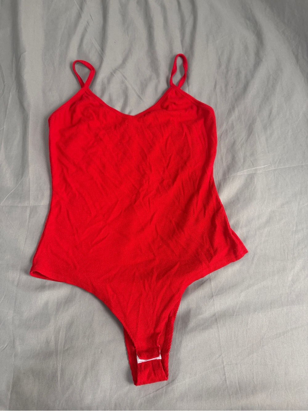 Red V-Neck Ribbed Thong Bodysuit